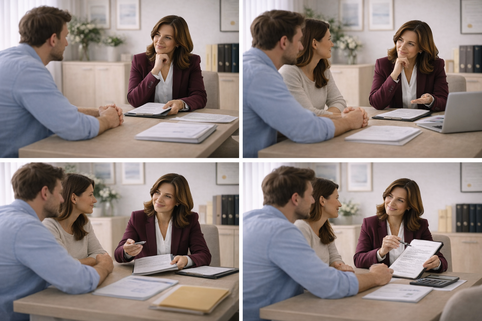 A family mediation session where the mediator is attentively listening to parents while children play nearby, highlighting the child-focused nature of the service.